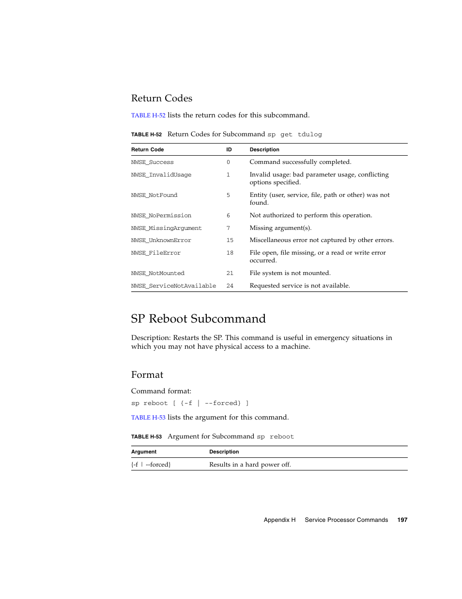 Return codes, Sp reboot subcommand, Format | Sun Microsystems FIRE V40Z User Manual | Page 219 / 254