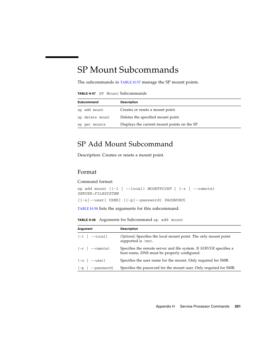 Sp mount subcommands, Sp add mount subcommand, Format | Sun Microsystems FIRE V40Z User Manual | Page 223 / 254