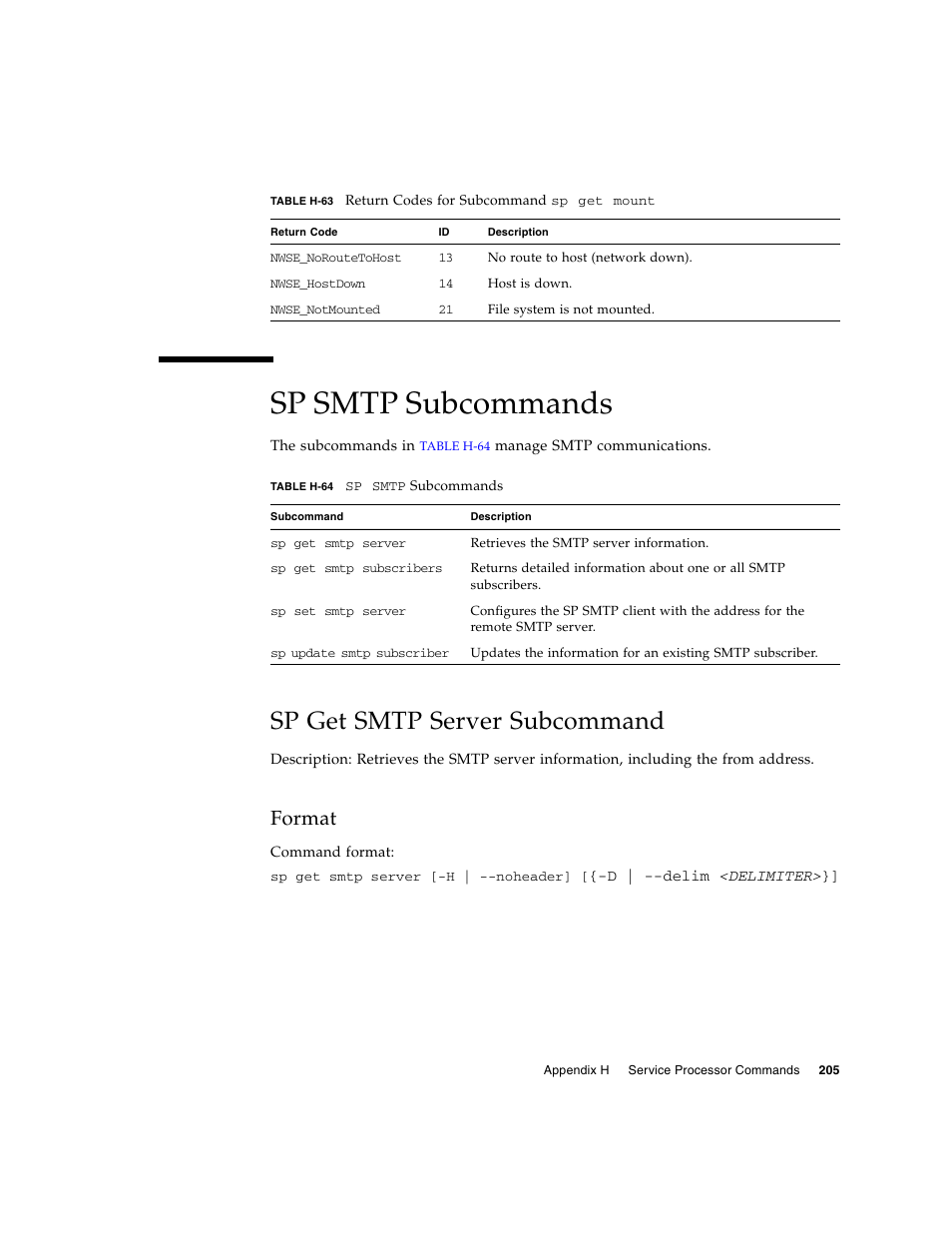 Sp smtp subcommands, Sp get smtp server subcommand, Format | Sun Microsystems FIRE V40Z User Manual | Page 227 / 254