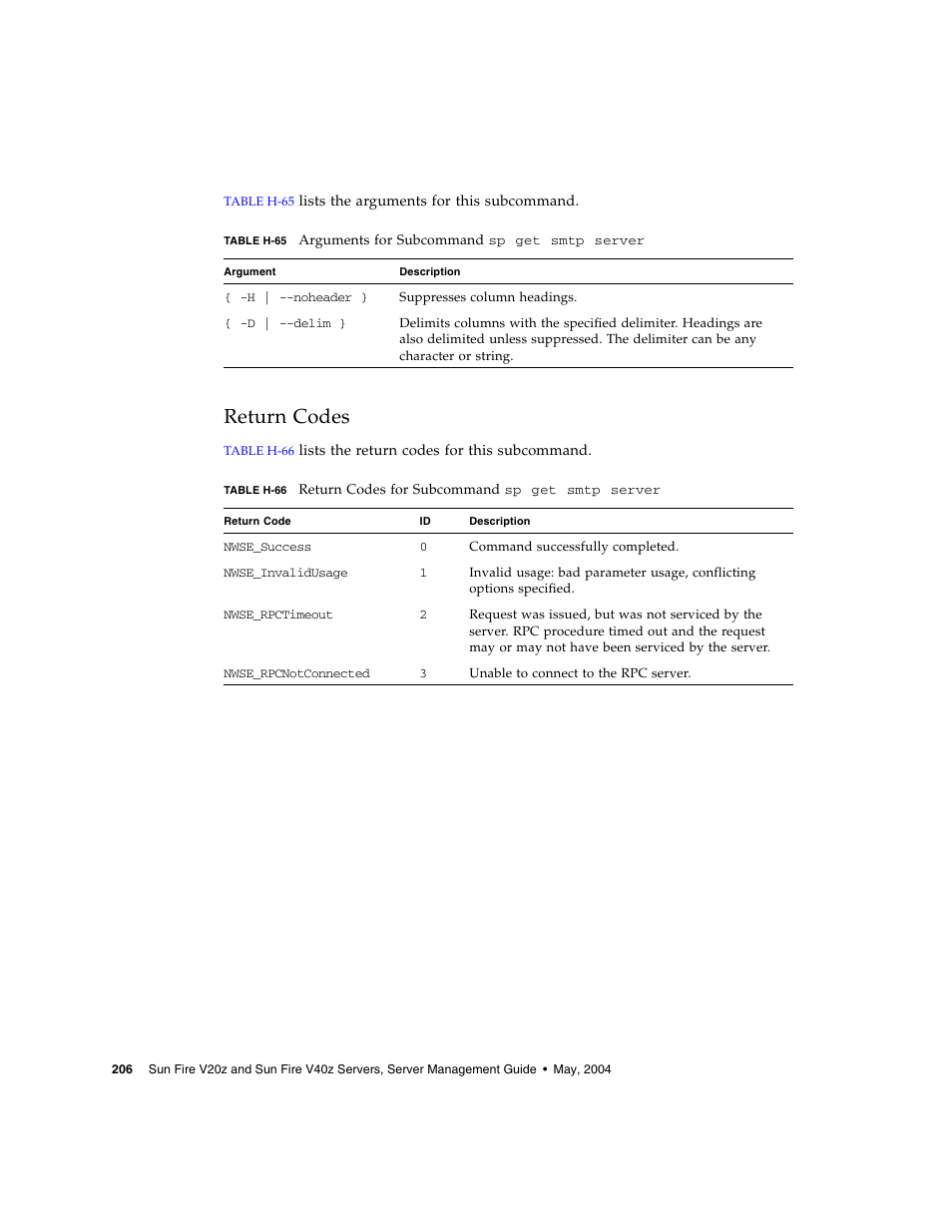 Return codes | Sun Microsystems FIRE V40Z User Manual | Page 228 / 254