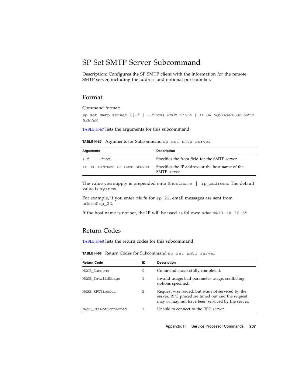 Sp set smtp server subcommand, Format, Return codes | Sun Microsystems FIRE V40Z User Manual | Page 229 / 254