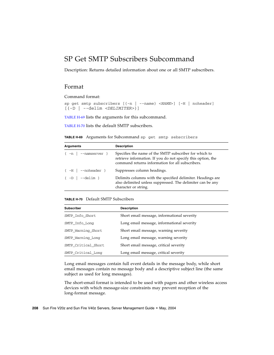 Sp get smtp subscribers subcommand, Format | Sun Microsystems FIRE V40Z User Manual | Page 230 / 254