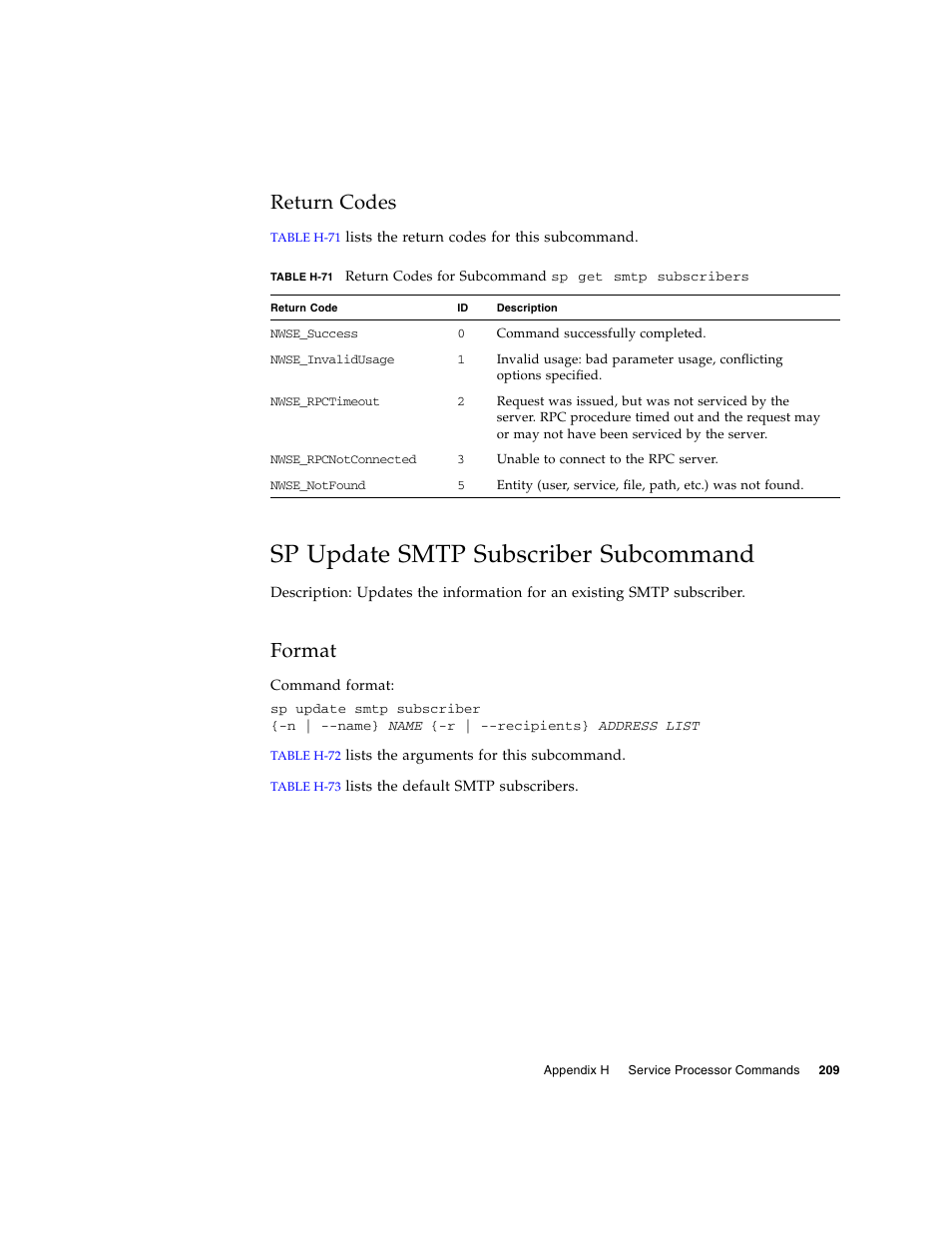 Return codes, Sp update smtp subscriber subcommand, Format | Sun Microsystems FIRE V40Z User Manual | Page 231 / 254