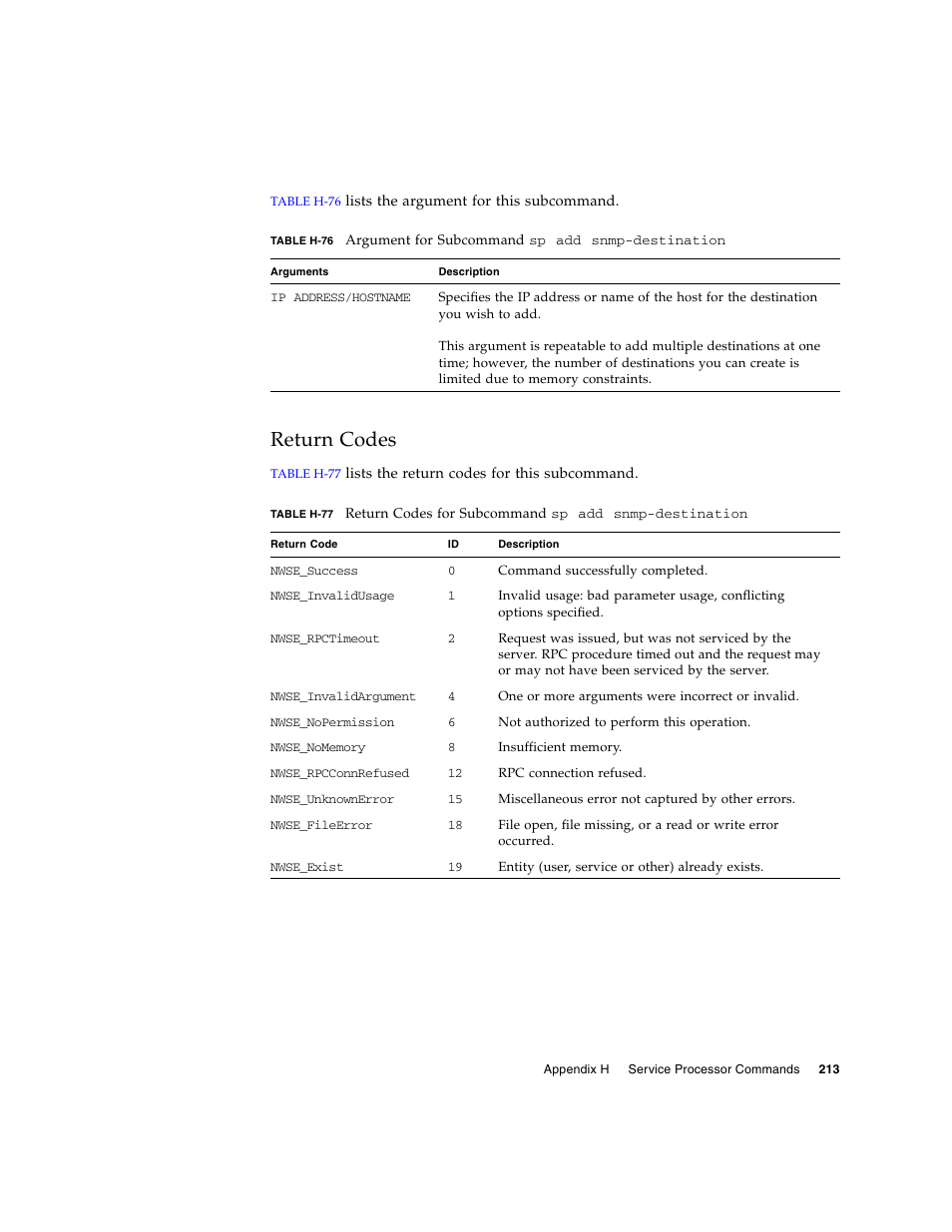 Return codes | Sun Microsystems FIRE V40Z User Manual | Page 235 / 254