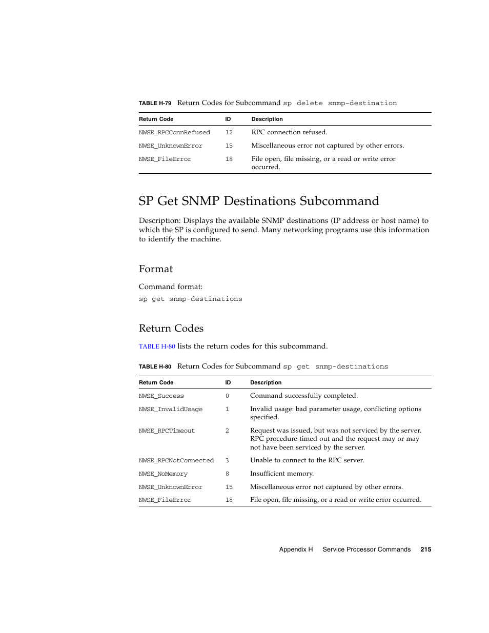 Sp get snmp destinations subcommand, Format, Return codes | Sun Microsystems FIRE V40Z User Manual | Page 237 / 254