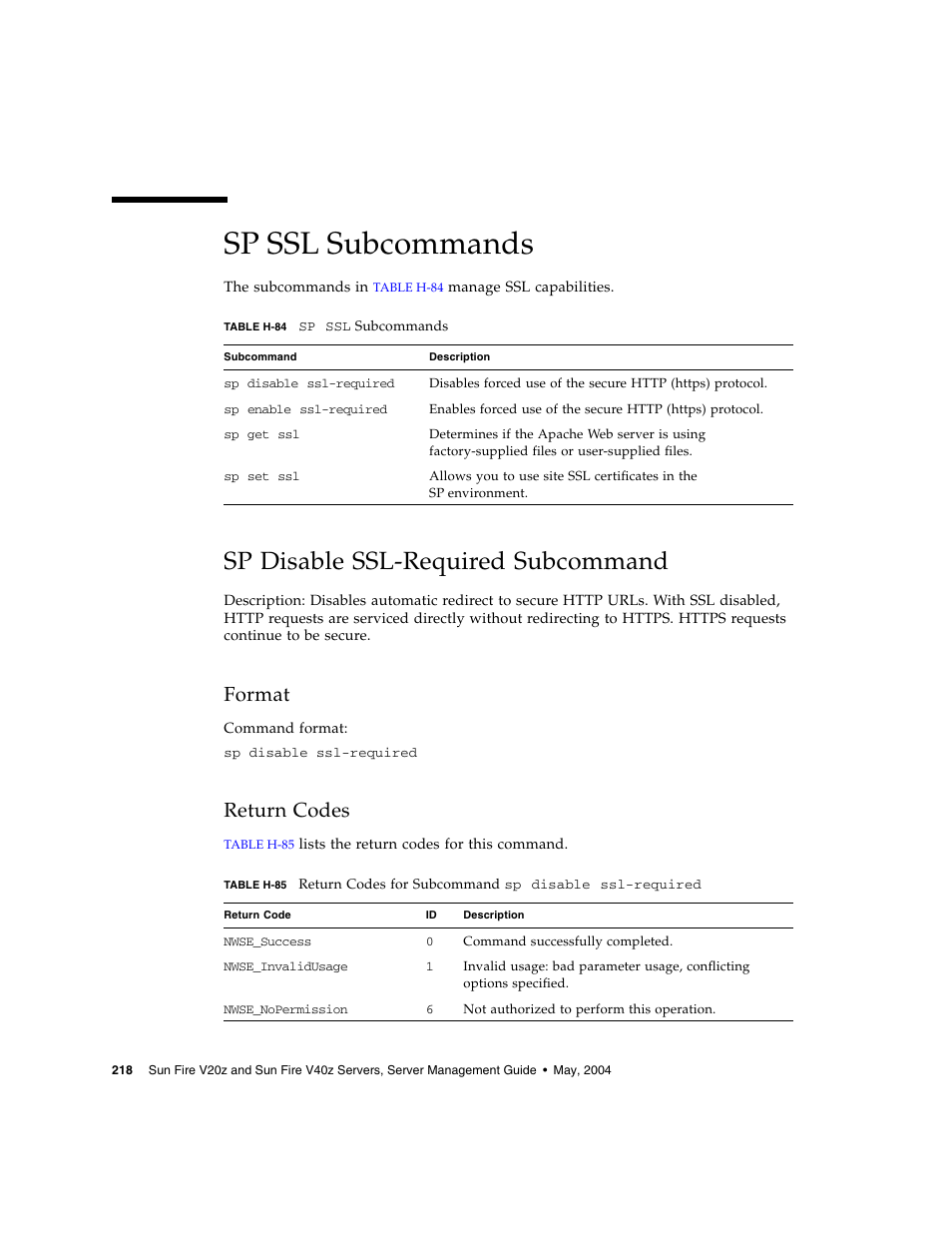 Sp ssl subcommands, Sp disable ssl-required subcommand, Format | Return codes | Sun Microsystems FIRE V40Z User Manual | Page 240 / 254