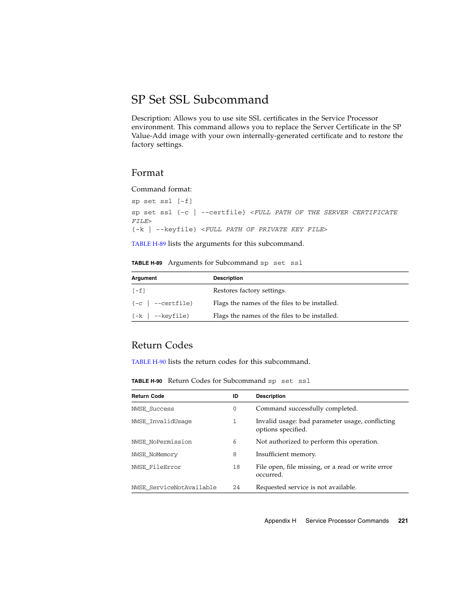 Sp set ssl subcommand, Format, Return codes | Sun Microsystems FIRE V40Z User Manual | Page 243 / 254