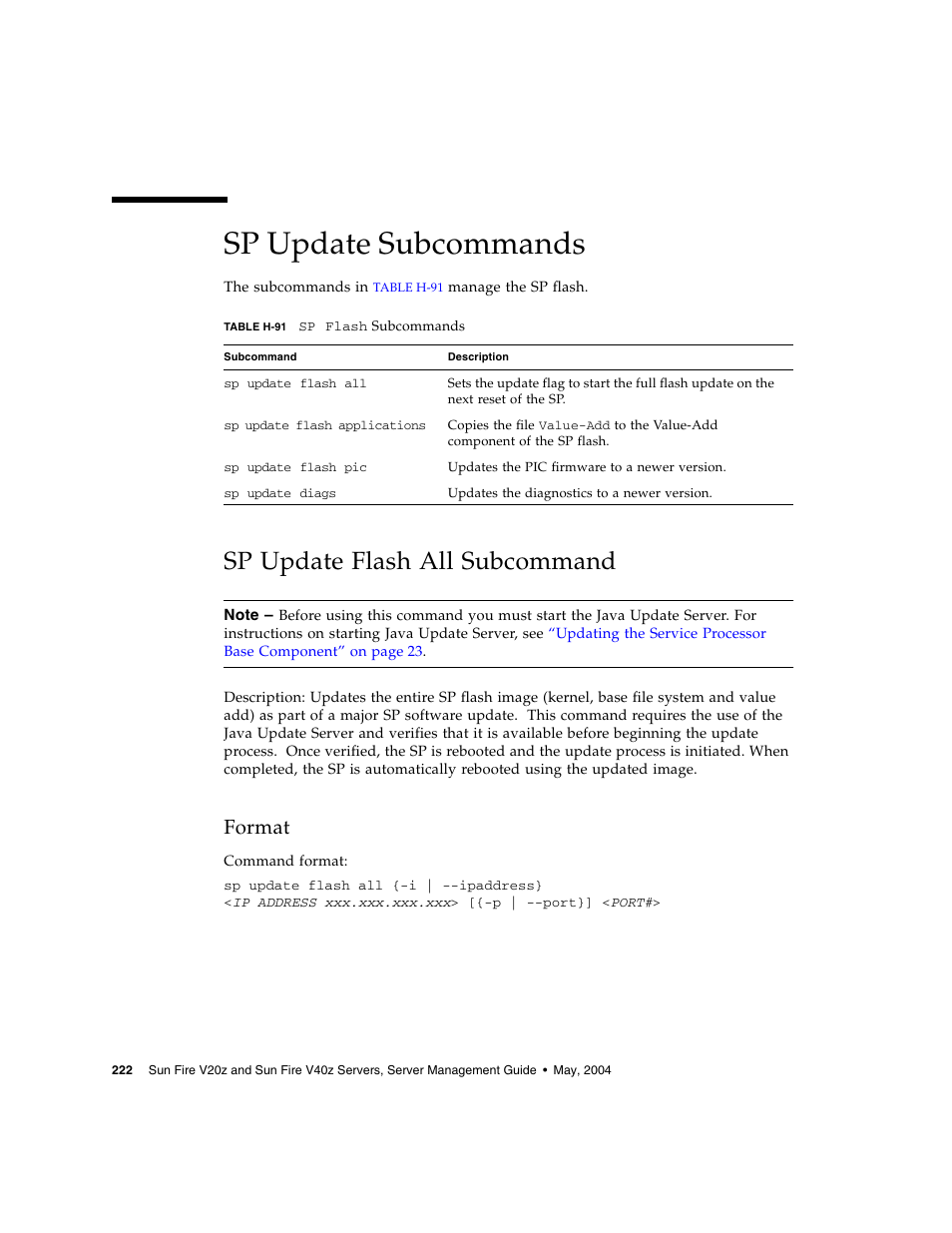 Sp update subcommands, Sp update flash all subcommand, Format | Sun Microsystems FIRE V40Z User Manual | Page 244 / 254