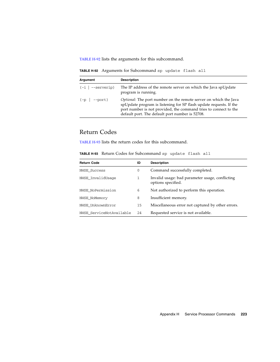 Return codes | Sun Microsystems FIRE V40Z User Manual | Page 245 / 254