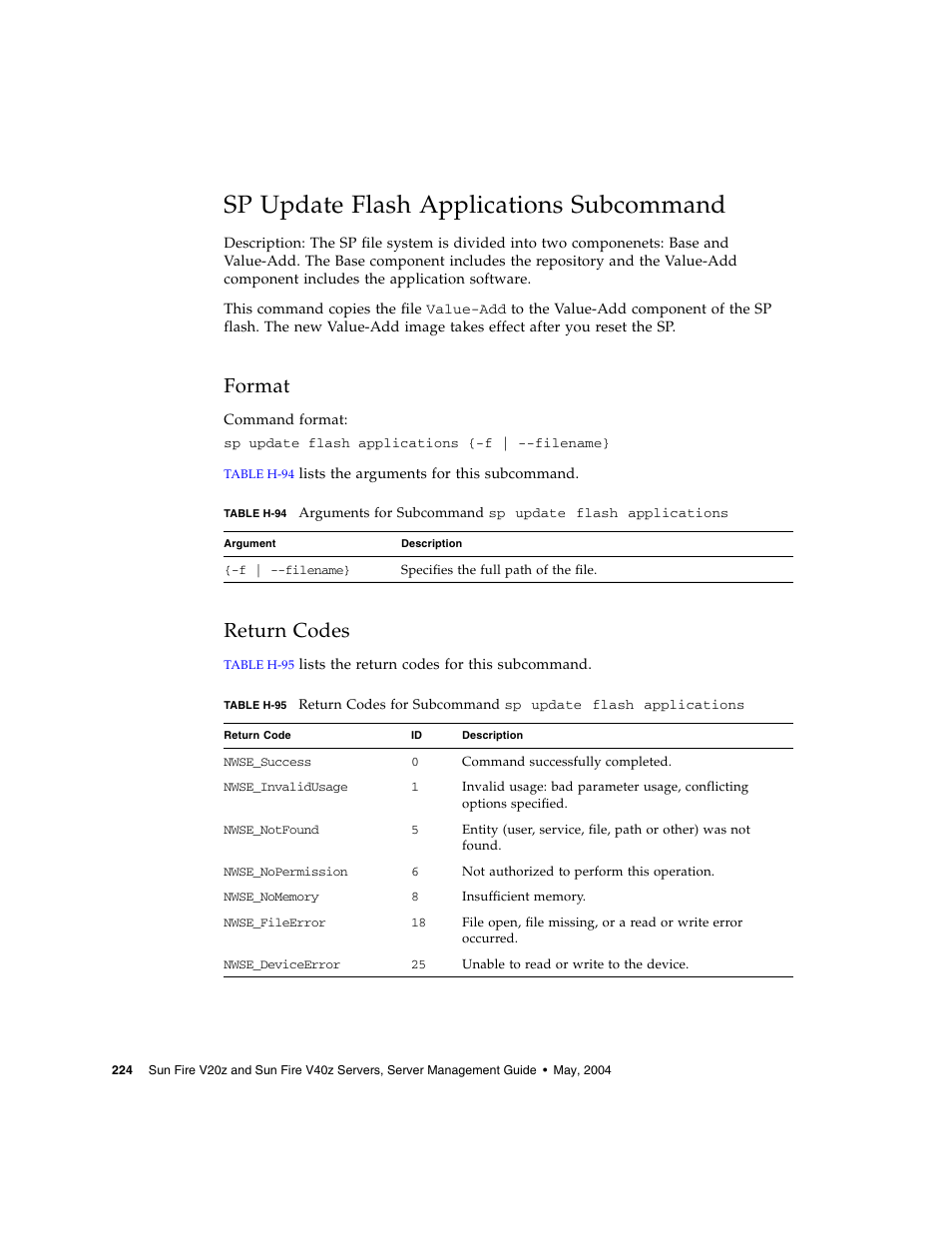 Sp update flash applications subcommand, Format, Return codes | Sun Microsystems FIRE V40Z User Manual | Page 246 / 254