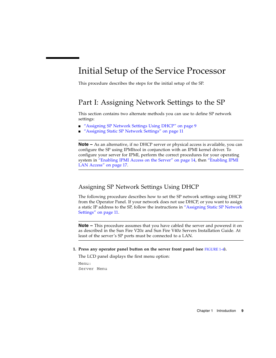 Initial setup of the service processor, Part i: assigning network settings to the sp, Assigning sp network settings using dhcp | Sun Microsystems FIRE V40Z User Manual | Page 31 / 254