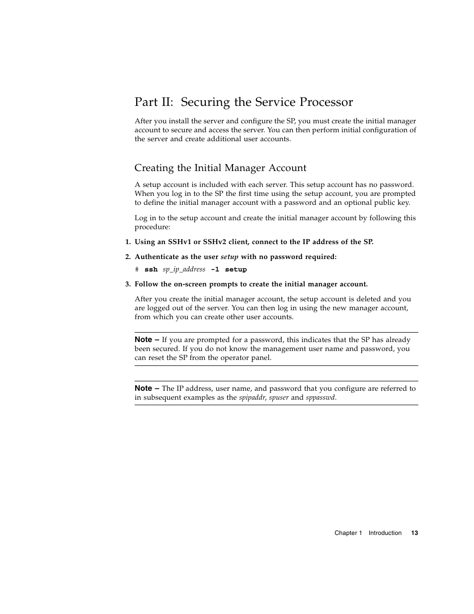 Part ii: securing the service processor, Creating the initial manager account | Sun Microsystems FIRE V40Z User Manual | Page 35 / 254