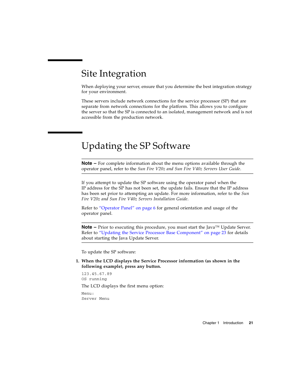 Site integration, Updating the sp software | Sun Microsystems FIRE V40Z User Manual | Page 43 / 254