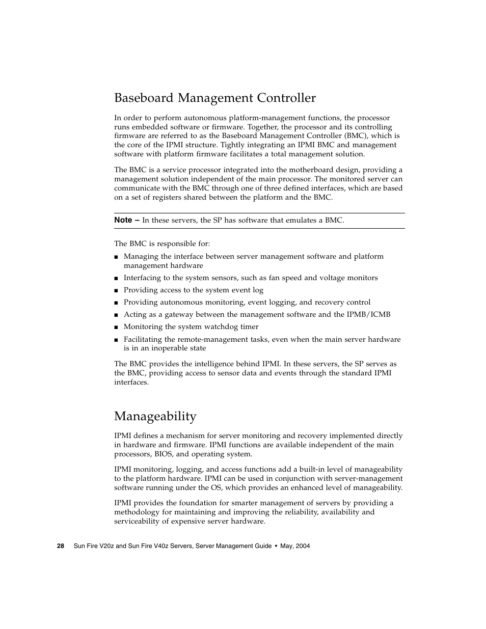 Baseboard management controller, Manageability | Sun Microsystems FIRE V40Z User Manual | Page 50 / 254