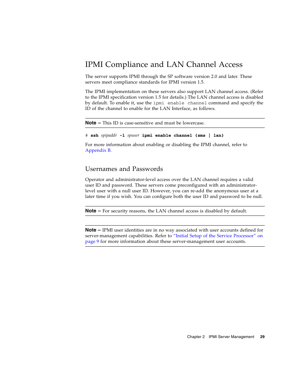 Ipmi compliance and lan channel access, Usernames and passwords | Sun Microsystems FIRE V40Z User Manual | Page 51 / 254