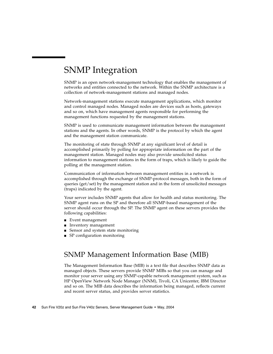 Snmp integration, Snmp management information base (mib) | Sun Microsystems FIRE V40Z User Manual | Page 64 / 254
