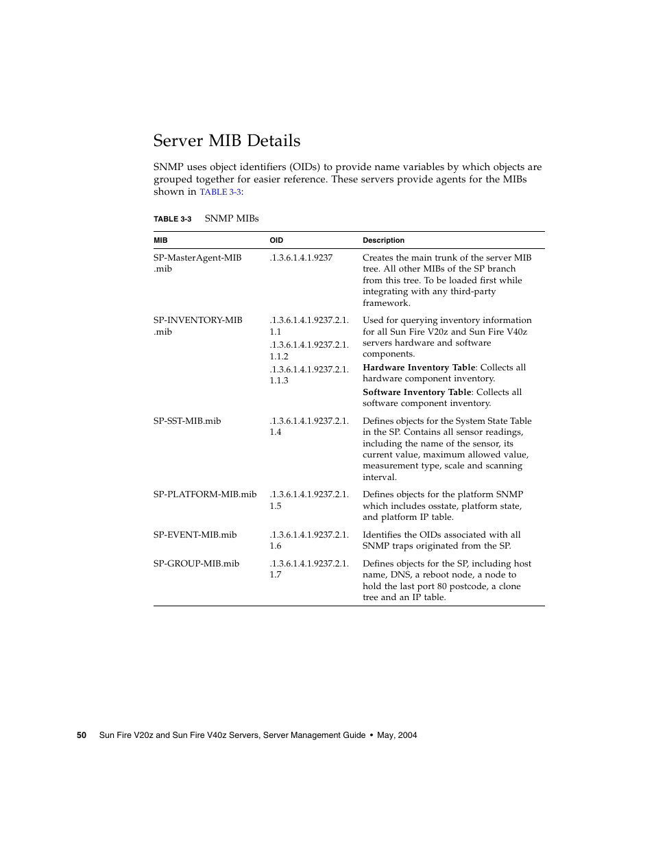 Server mib details, Table 3-3 | Sun Microsystems FIRE V40Z User Manual | Page 72 / 254