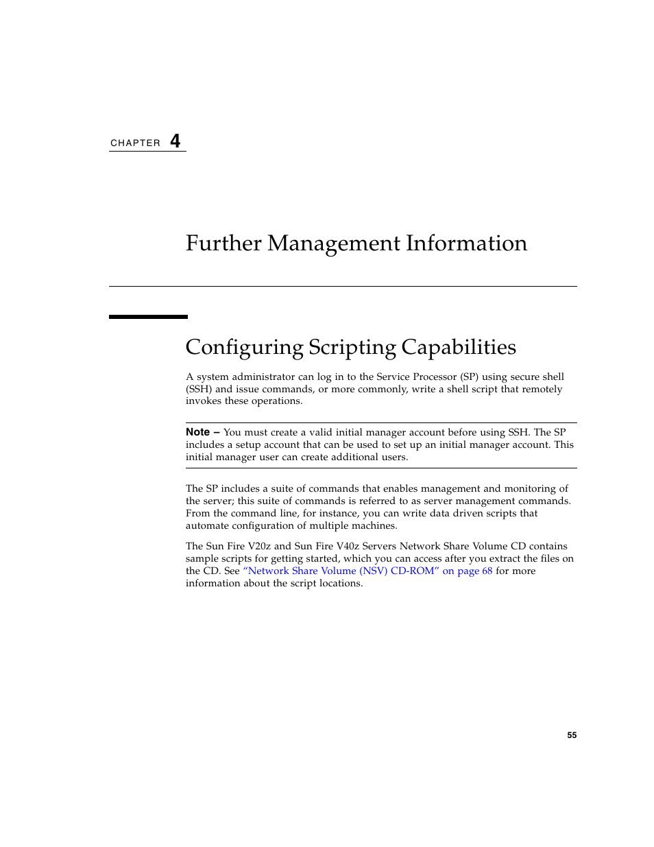 Further management information, Configuring scripting capabilities, Configuring scripting capabilities” on | Sun Microsystems FIRE V40Z User Manual | Page 77 / 254