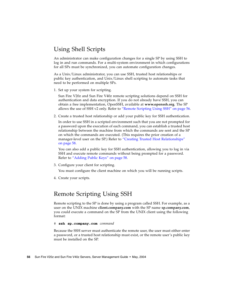 Using shell scripts, Remote scripting using ssh | Sun Microsystems FIRE V40Z User Manual | Page 78 / 254