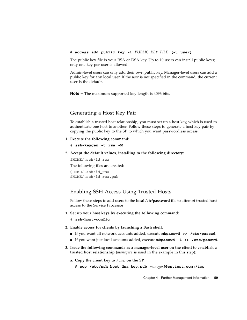 Generating a host key pair, Enabling ssh access using trusted hosts | Sun Microsystems FIRE V40Z User Manual | Page 81 / 254