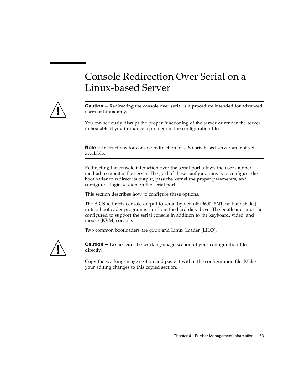 Console redirection over serial on a, Linux-based server | Sun Microsystems FIRE V40Z User Manual | Page 85 / 254