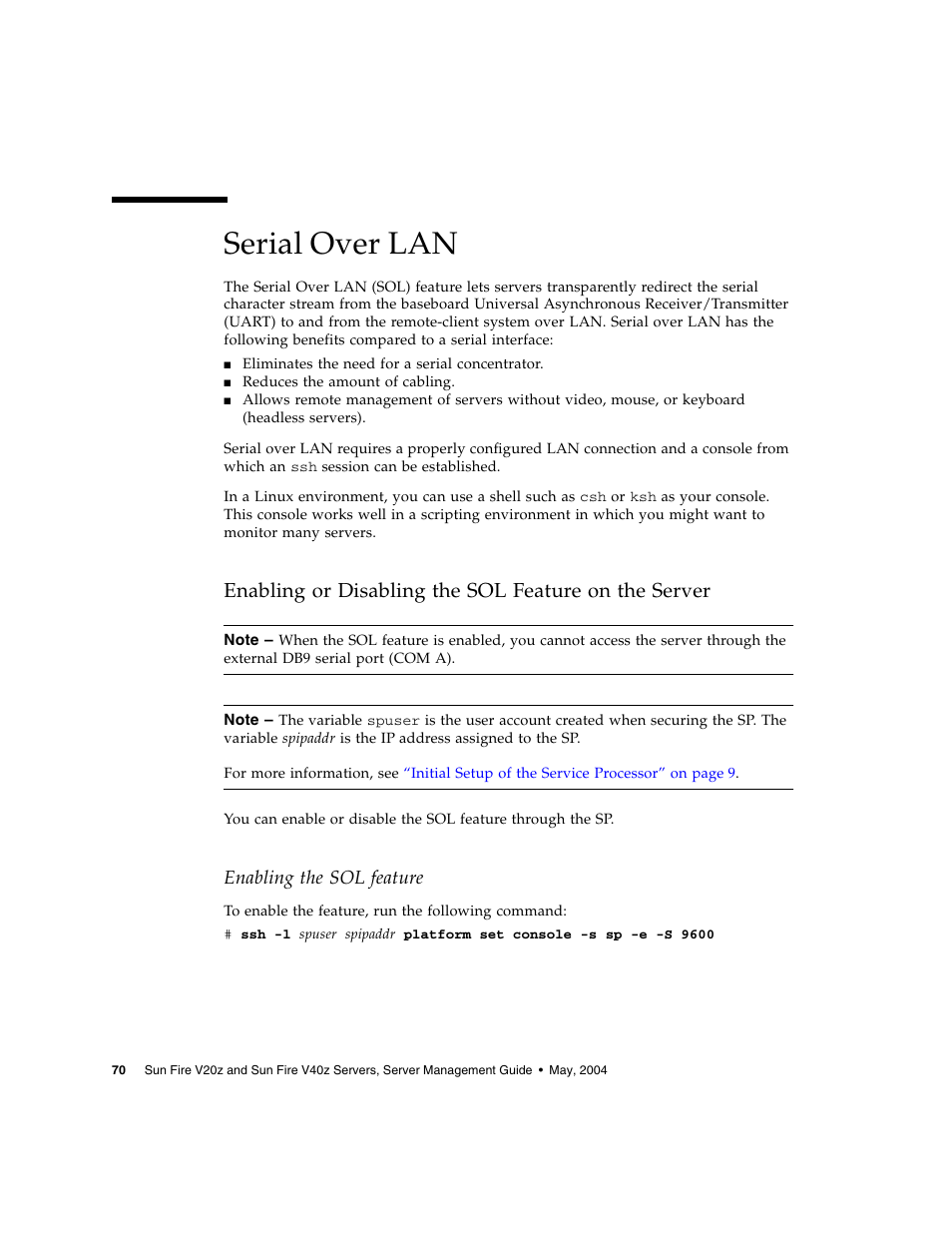 Serial over lan, Enabling the sol feature | Sun Microsystems FIRE V40Z User Manual | Page 92 / 254