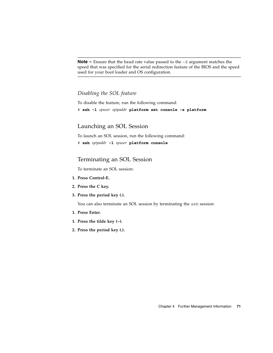 Launching an sol session, Terminating an sol session, Disabling the sol feature | Sun Microsystems FIRE V40Z User Manual | Page 93 / 254