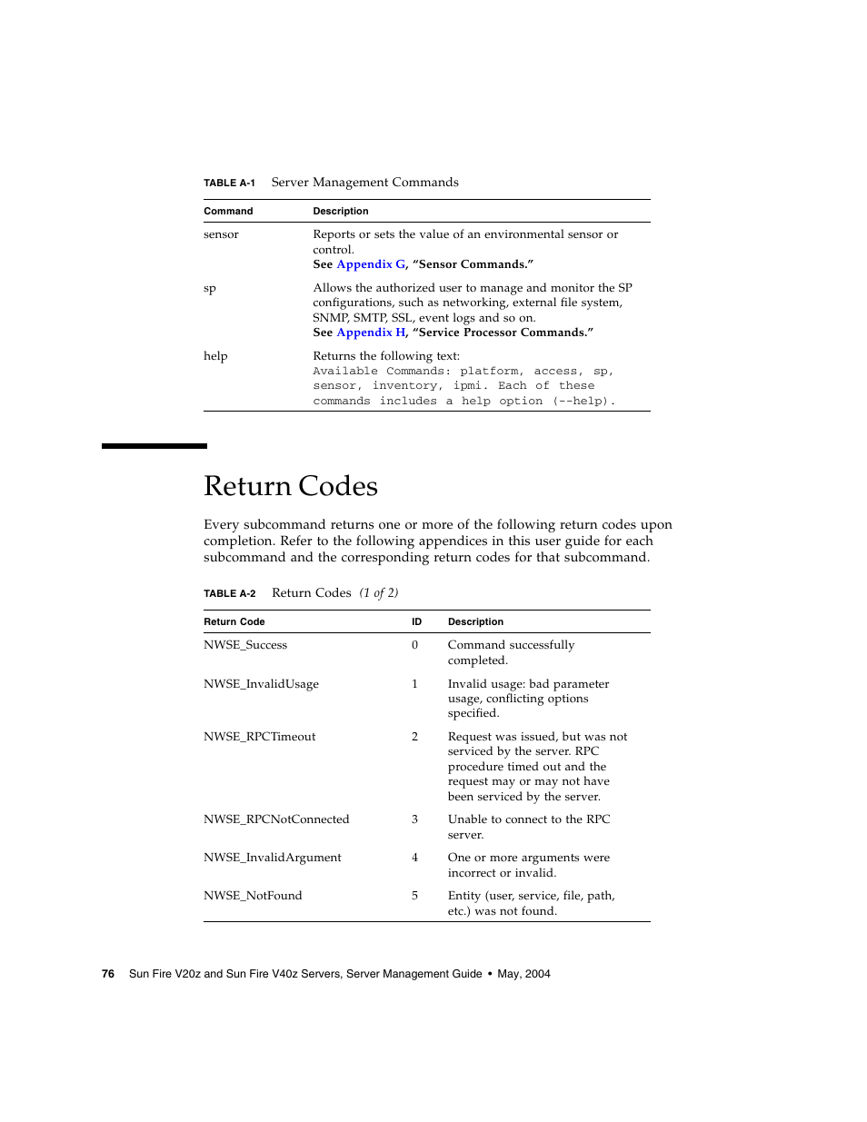 Return codes | Sun Microsystems FIRE V40Z User Manual | Page 98 / 254