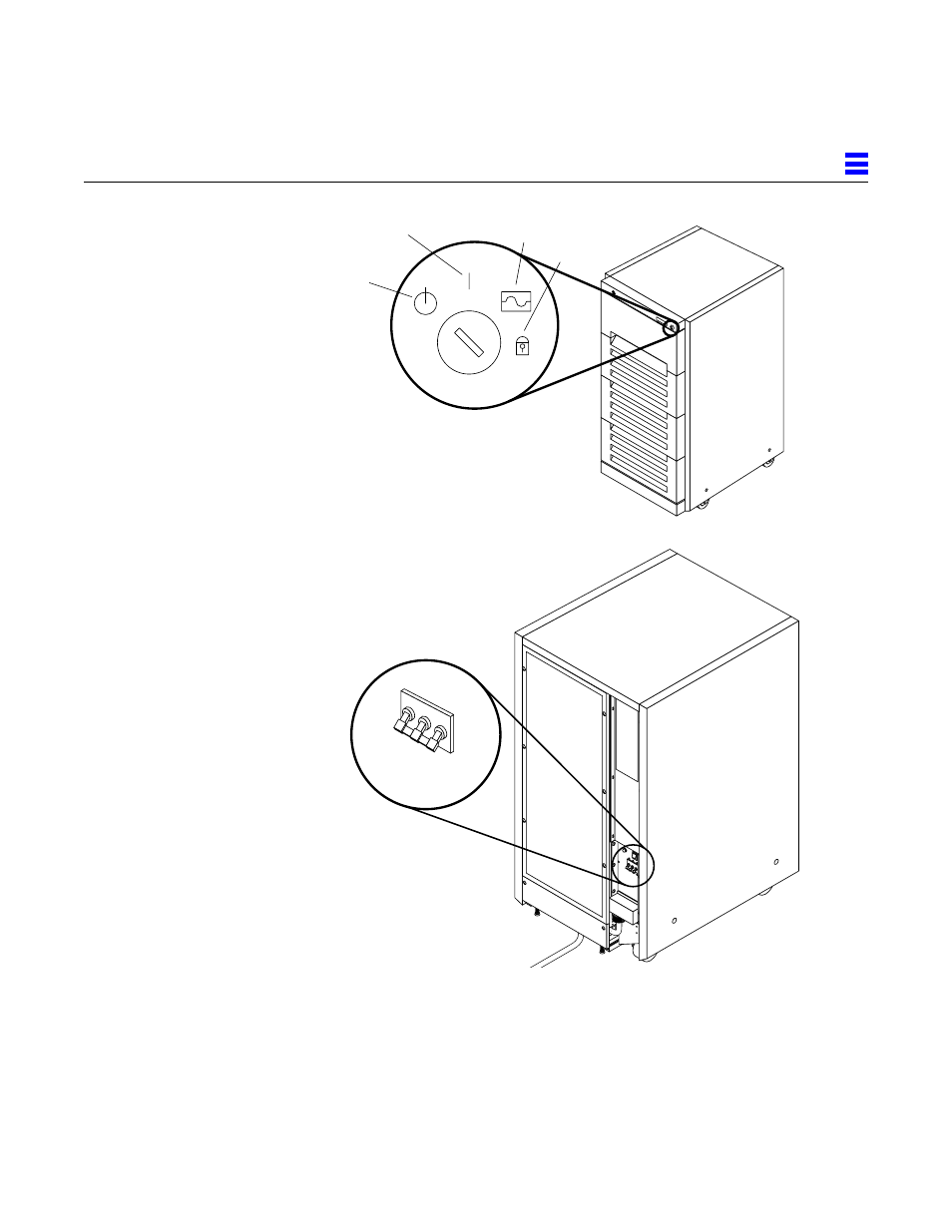 Figure21 key switch positions, Figure22 ac distribution unit power switch, Figure 2-1 | Key switch positions, Figure 2-2, Ac distribution unit power switch | Sun Microsystems 2000E User Manual | Page 19 / 54