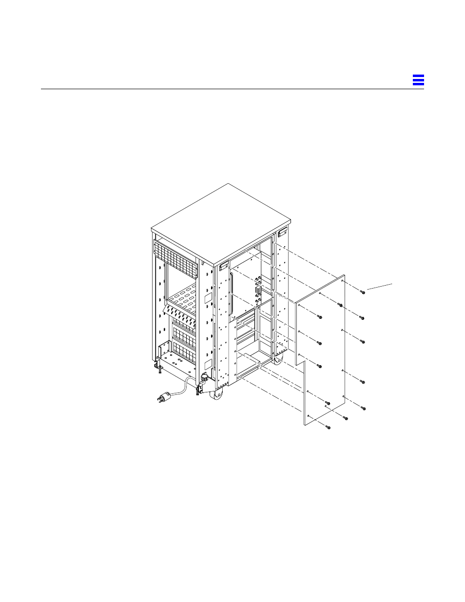 2 installing the supply, 1 preparation, Disconnect the top power supply power cord | Figure 2-3, Removing the power supply compartment emi panel | Sun Microsystems 2000E User Manual | Page 21 / 54