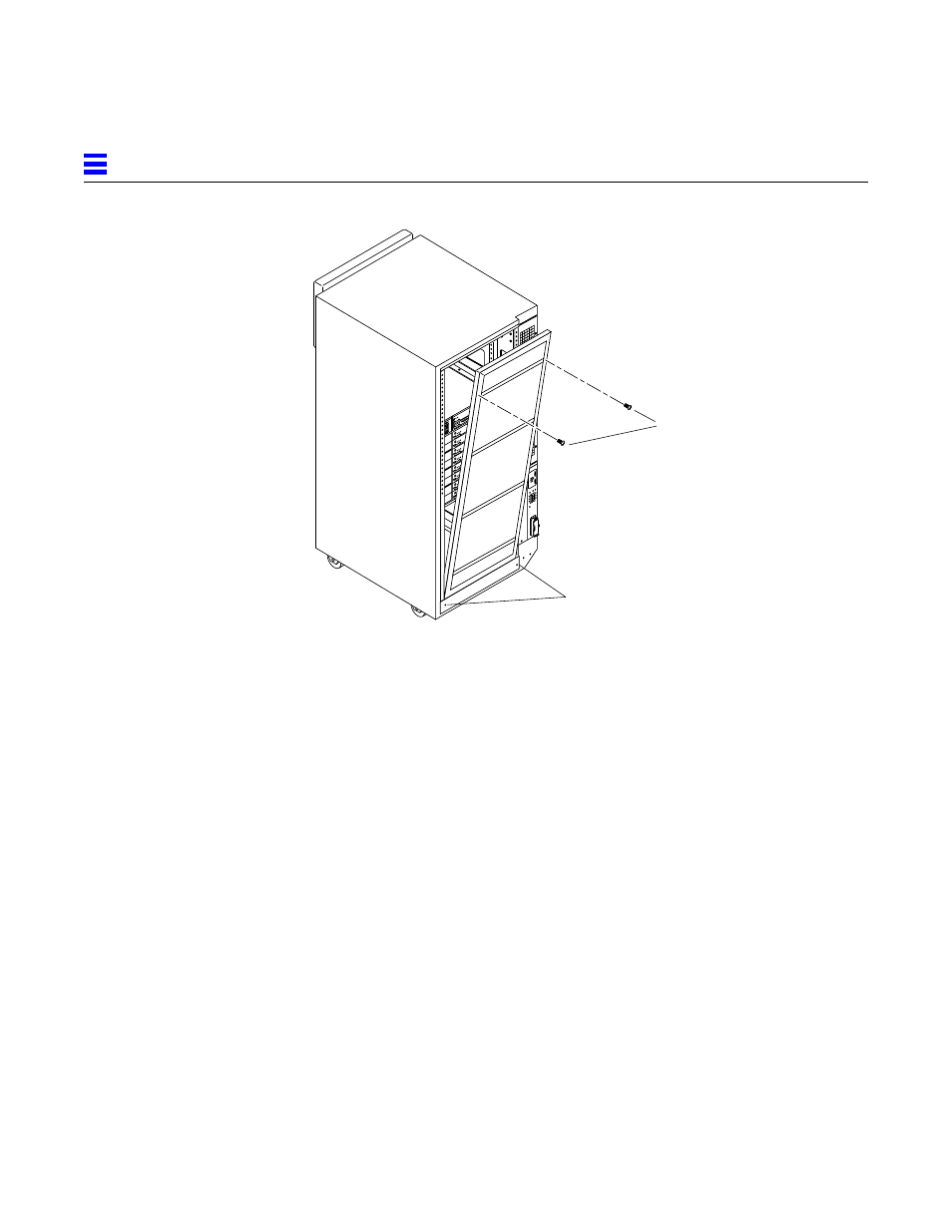 Figure125 rear screen and kick panel, Remove any cable restraints, Clear the cables away from the server | Figure 12-5, Rear screen and kick panel | Sun Microsystems 6.0005E+11 User Manual | Page 198 / 333