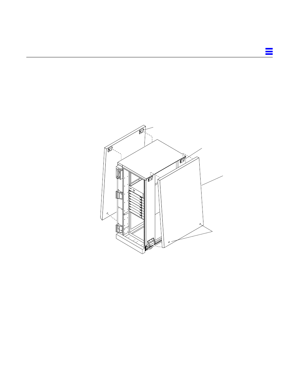 6 side panels, Tilt the panel bottom out, Figure124 removing the side panels | Tighten the two captive screws at the panel base, Figure 13-4, Removing the side panels | Sun Microsystems 6.0005E+11 User Manual | Page 211 / 333