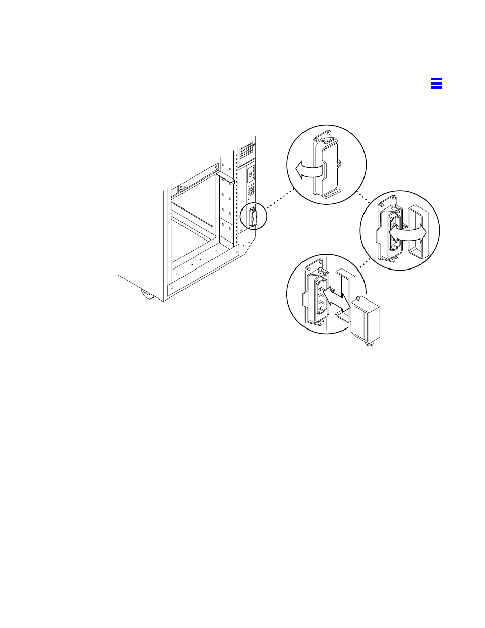 Figuree2 opening the power connector cover, To replace the ac input cable assembly, Connect the ac power cord into the power inlet | Pull the latch over the ac power cord, Connect the ac power cord to the power outlet, Power on the enterprise system, Figure e-2, Opening the power connector cover | Sun Microsystems 6.0005E+11 User Manual | Page 253 / 333