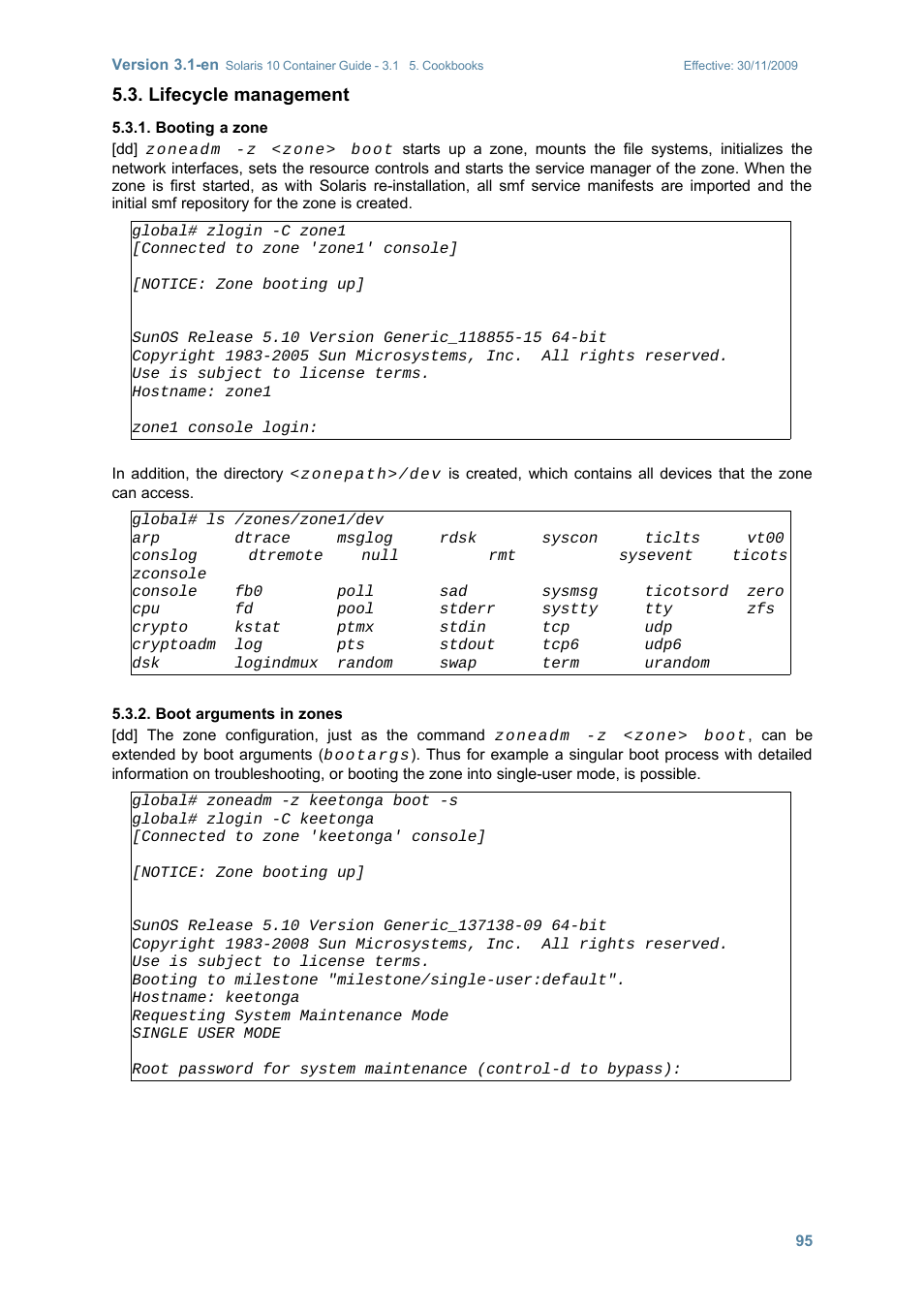 Lifecycle management, Booting a zone, Boot arguments in zones | Sun Microsystems SOLARIS 10 User Manual | Page 102 / 121