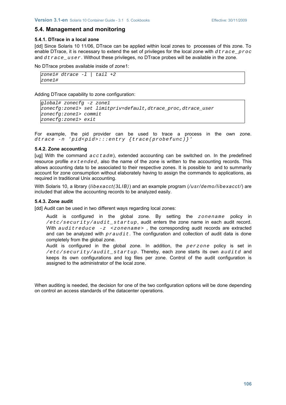 Management and monitoring, Dtrace in a local zone, Zone accounting | Zone audit | Sun Microsystems SOLARIS 10 User Manual | Page 113 / 121