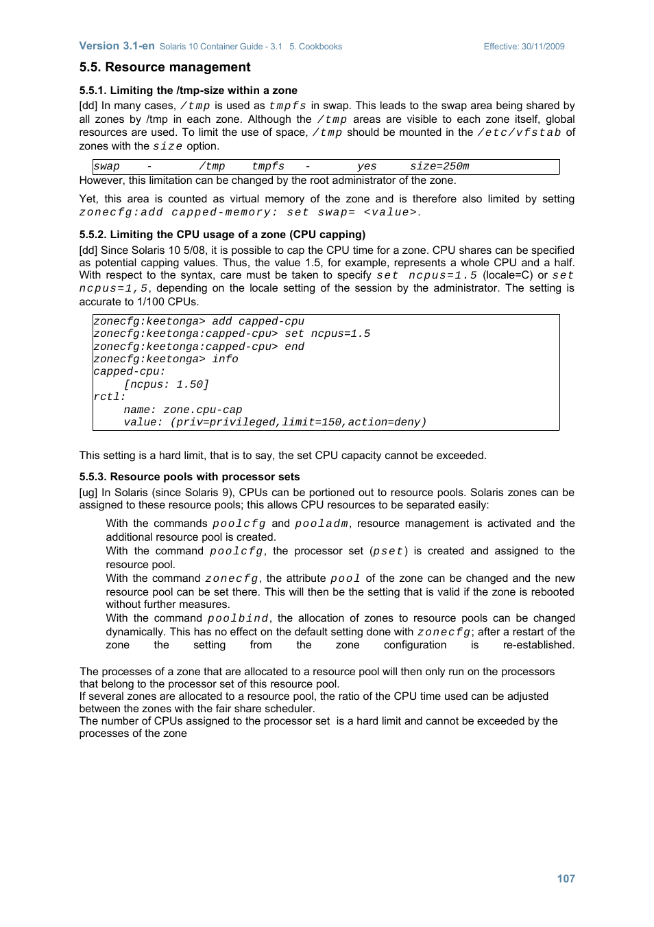 Resource management, Limiting the /tmp-size within a zone, Limiting the cpu usage of a zone (cpu capping) | Resource pools with processor sets | Sun Microsystems SOLARIS 10 User Manual | Page 114 / 121