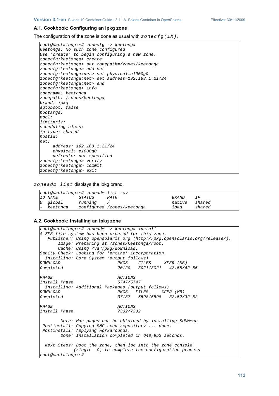 Cookbook: configuring an ipkg zone, Cookbook: installing an ipkg zone | Sun Microsystems SOLARIS 10 User Manual | Page 120 / 121