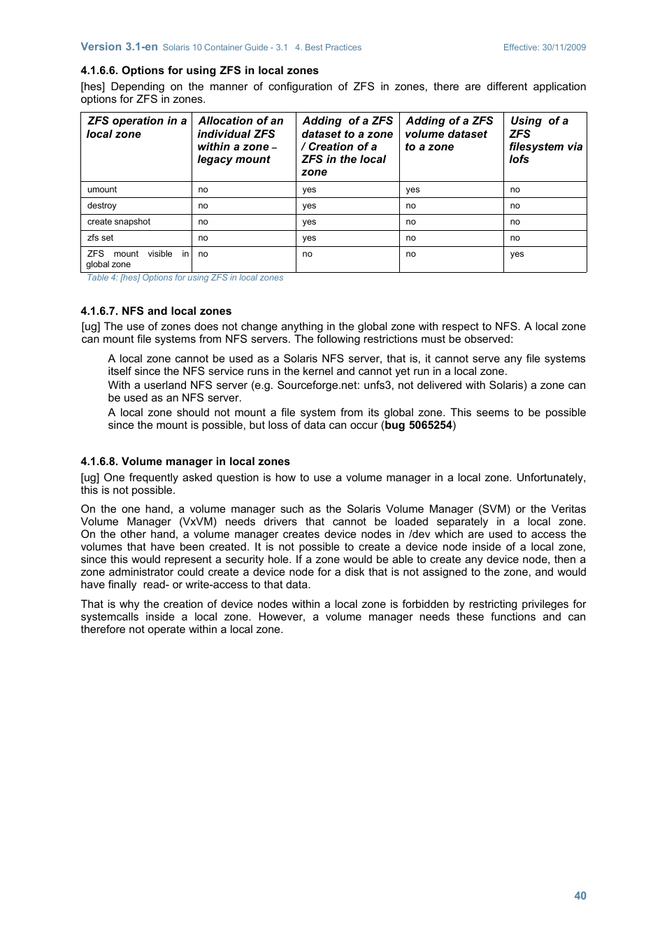 Options for using zfs in local zones, Nfs and local zones, Volume manager in local zones | Sun Microsystems SOLARIS 10 User Manual | Page 47 / 121