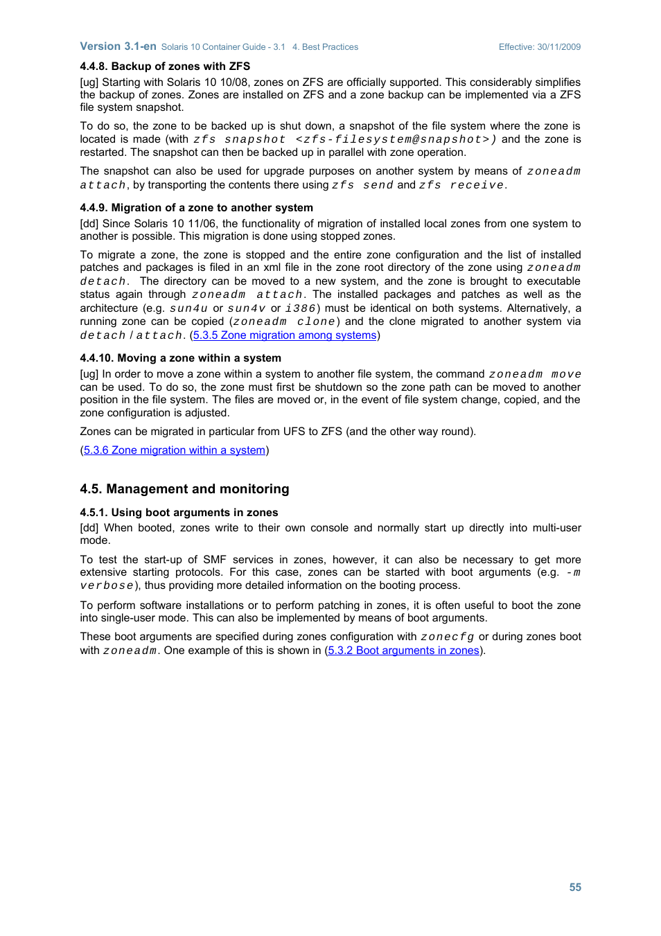 Backup of zones with zfs, Migration of a zone to another system, Moving a zone within a system | Management and monitoring, Using boot arguments in zones | Sun Microsystems SOLARIS 10 User Manual | Page 62 / 121