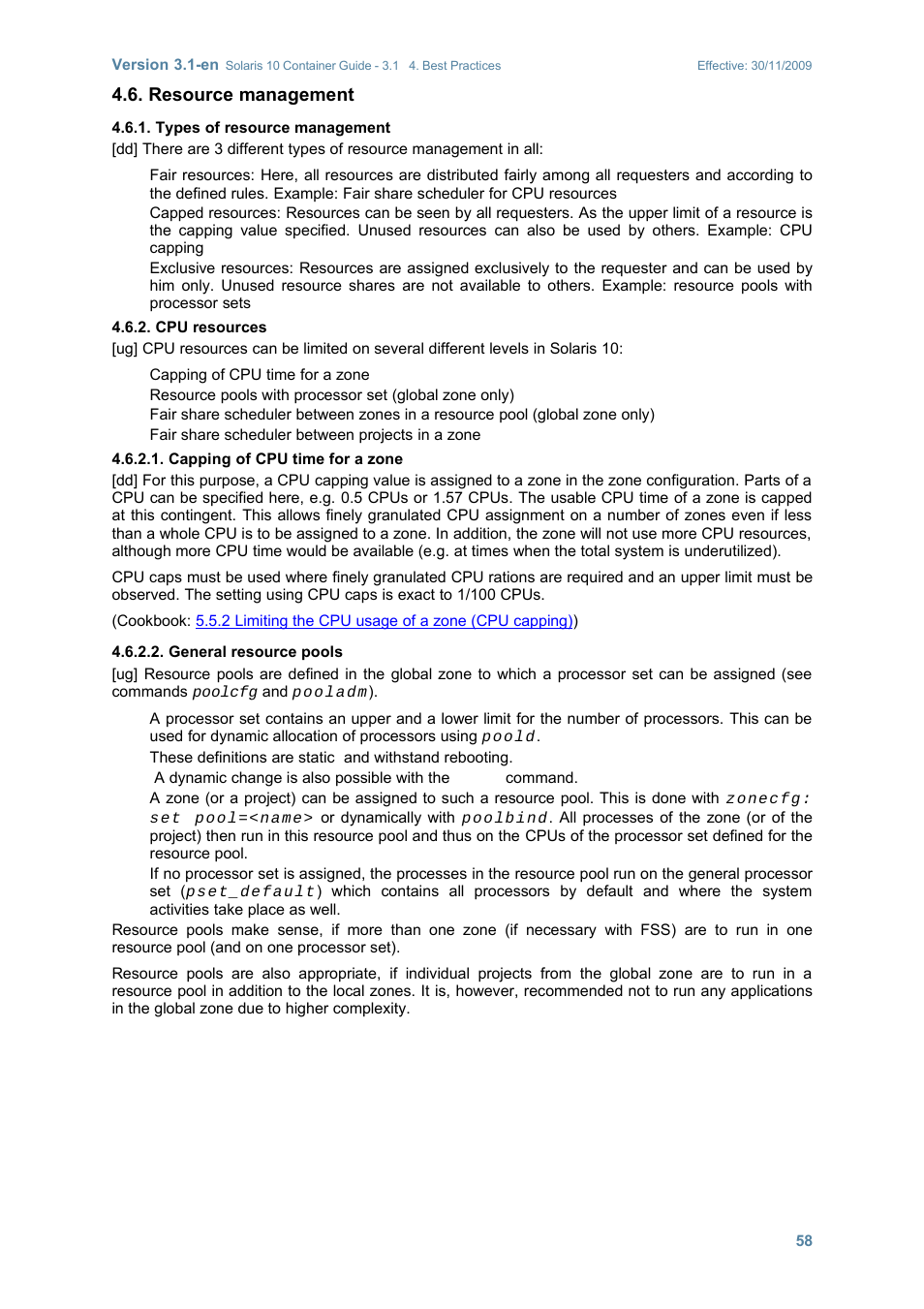 Resource management, Types of resource management, Cpu resources | Capping of cpu time for a zone, General resource pools | Sun Microsystems SOLARIS 10 User Manual | Page 65 / 121