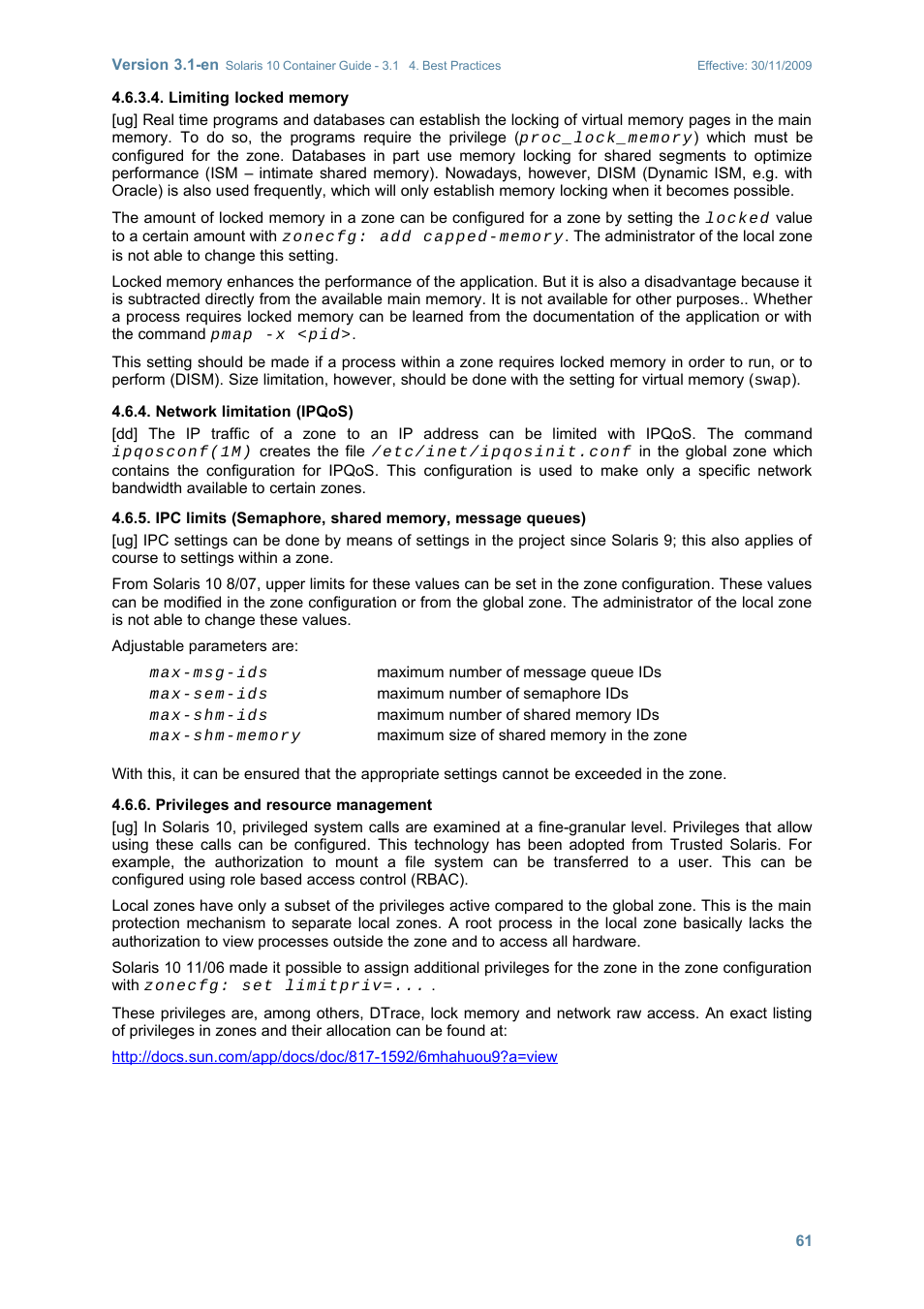 Limiting locked memory, Network limitation (ipqos), Privileges and resource management | Sun Microsystems SOLARIS 10 User Manual | Page 68 / 121