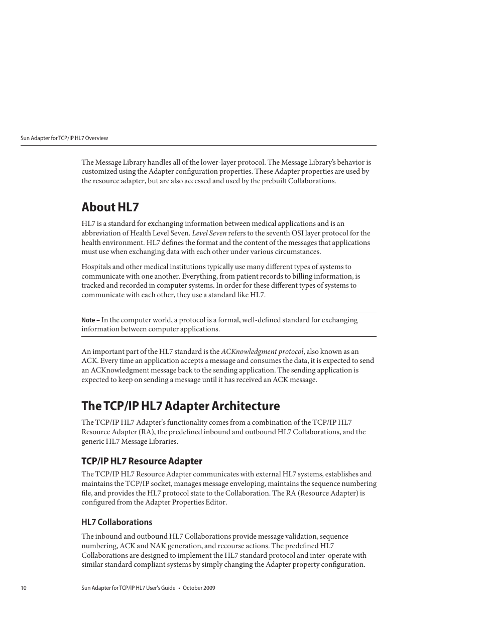 About hl7, The tcp/ip hl7 adapter architecture, Tcp/ip hl7 resource adapter | Hl7 collaborations | Sun Microsystems Sun Adapter IP HL 7 User Manual | Page 10 / 150