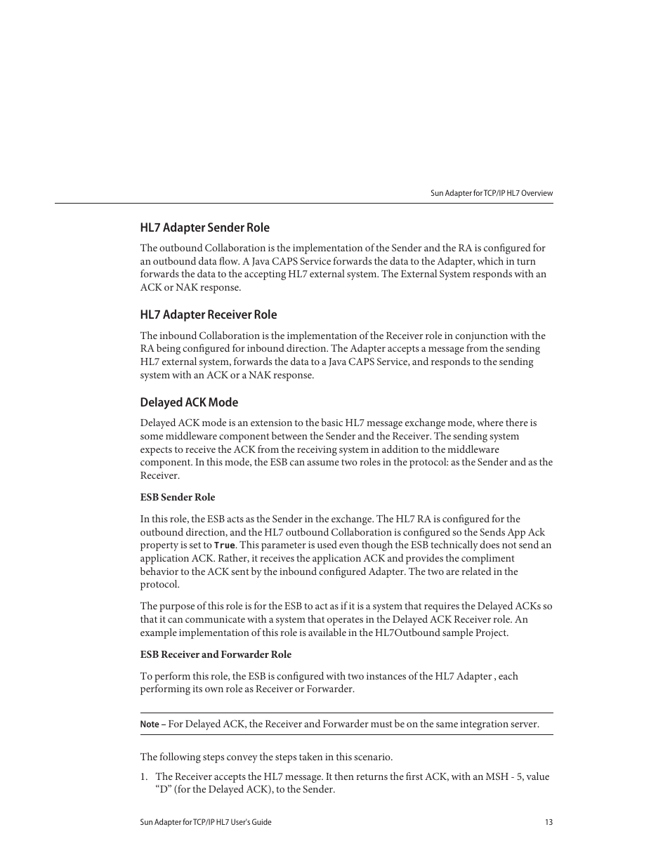 Hl7 adapter sender role, Hl7 adapter receiver role, Delayed ack mode | Sun Microsystems Sun Adapter IP HL 7 User Manual | Page 13 / 150