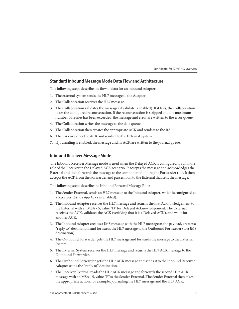 Inbound receiver message mode | Sun Microsystems Sun Adapter IP HL 7 User Manual | Page 15 / 150