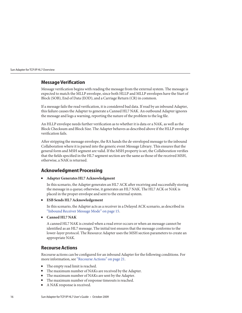 Message verification, Acknowledgment processing, Recourse actions | Sun Microsystems Sun Adapter IP HL 7 User Manual | Page 16 / 150