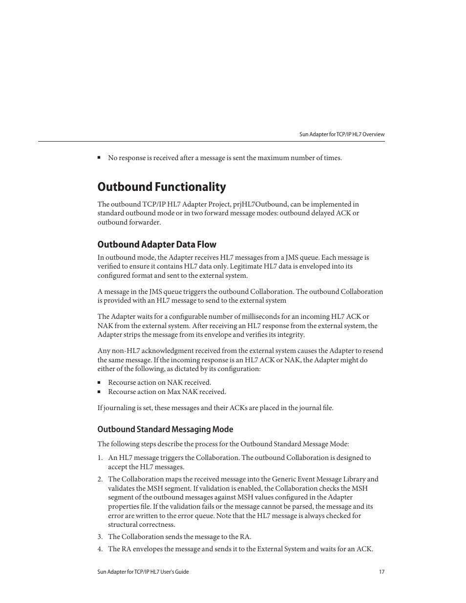 Outbound functionality, Outbound adapter data flow, Outbound standard messaging mode | Sun Microsystems Sun Adapter IP HL 7 User Manual | Page 17 / 150