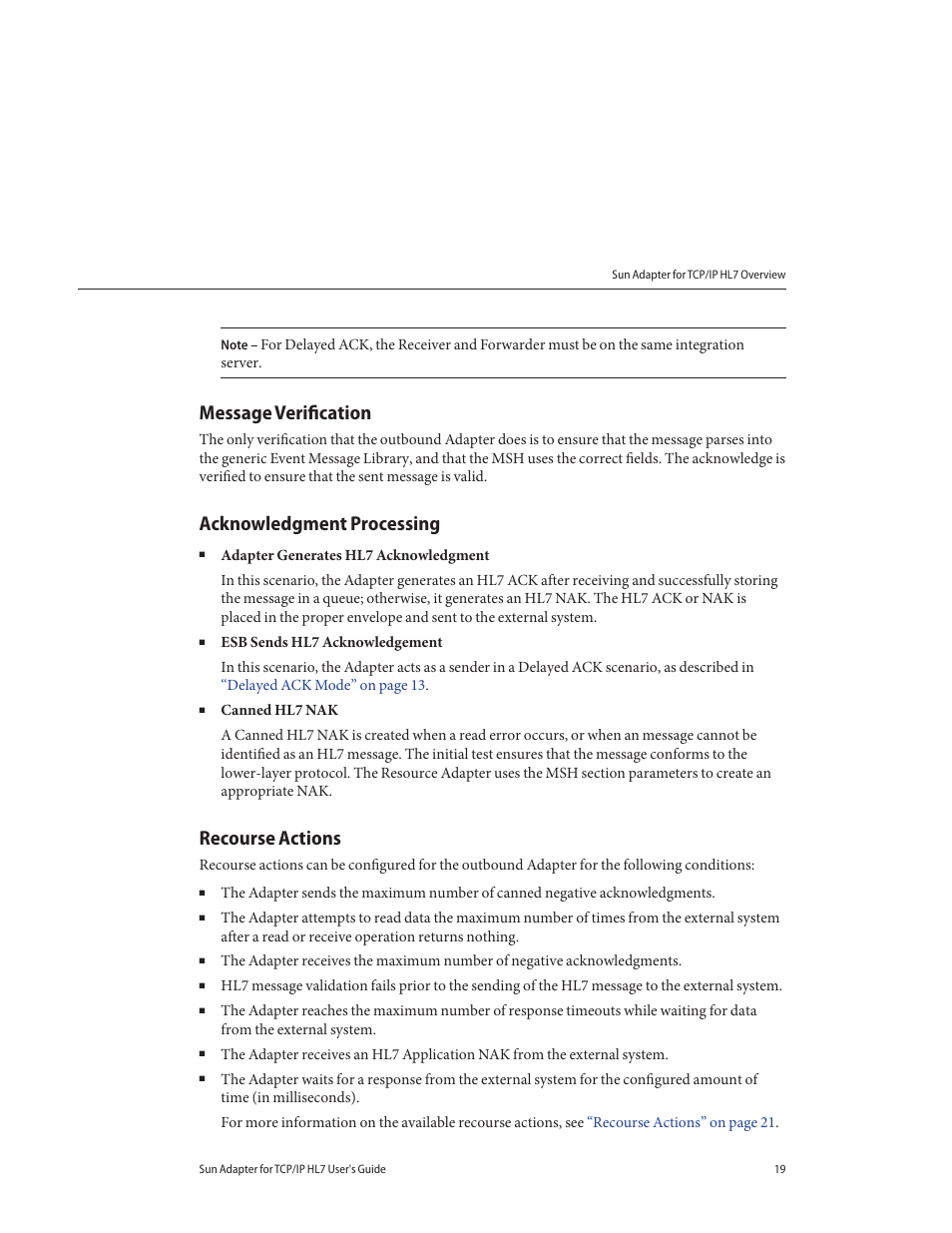 Message verification, Acknowledgment processing, Recourse actions | Sun Microsystems Sun Adapter IP HL 7 User Manual | Page 19 / 150