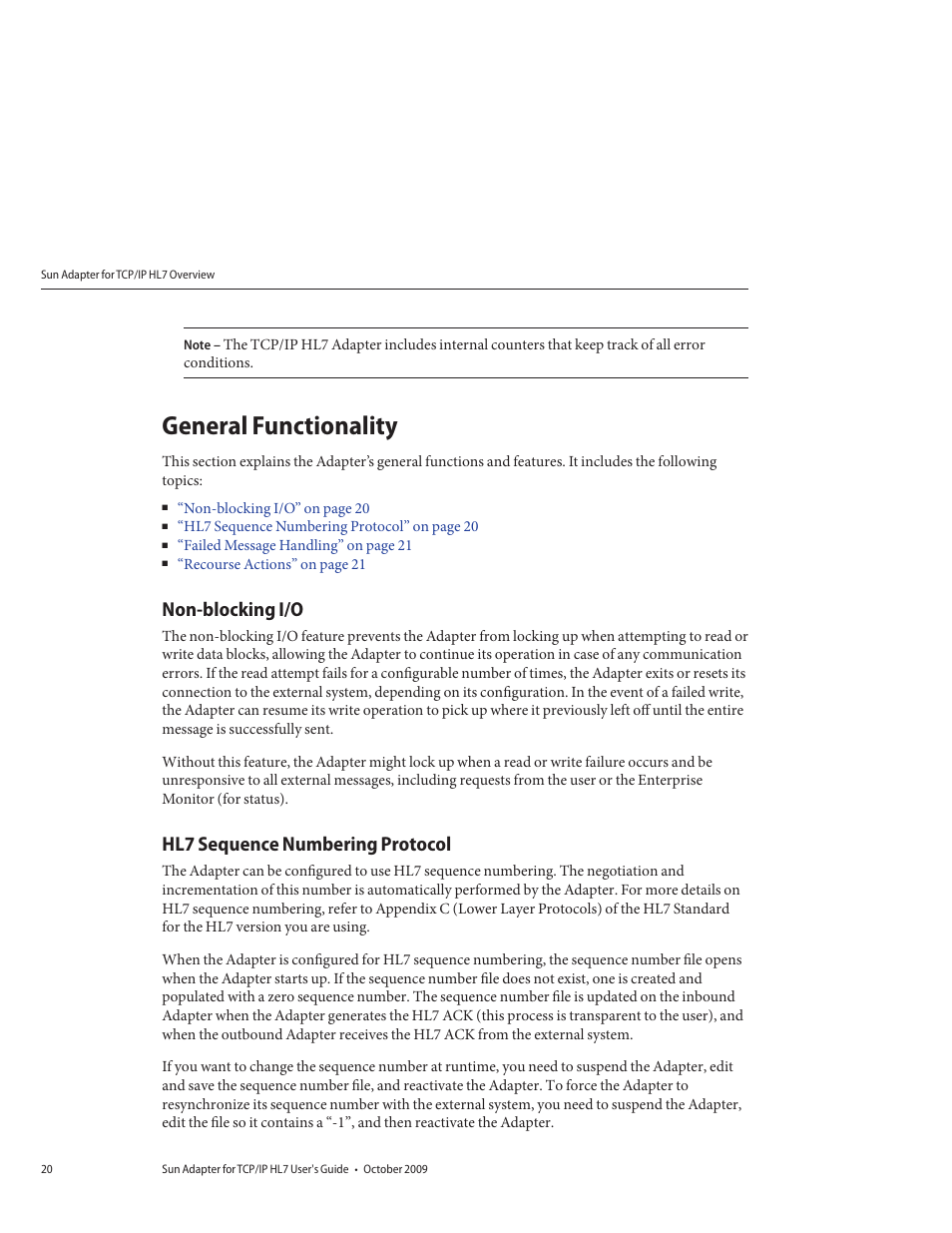 General functionality, Non-blocking i/o, Hl7 sequence numbering protocol | Sun Microsystems Sun Adapter IP HL 7 User Manual | Page 20 / 150