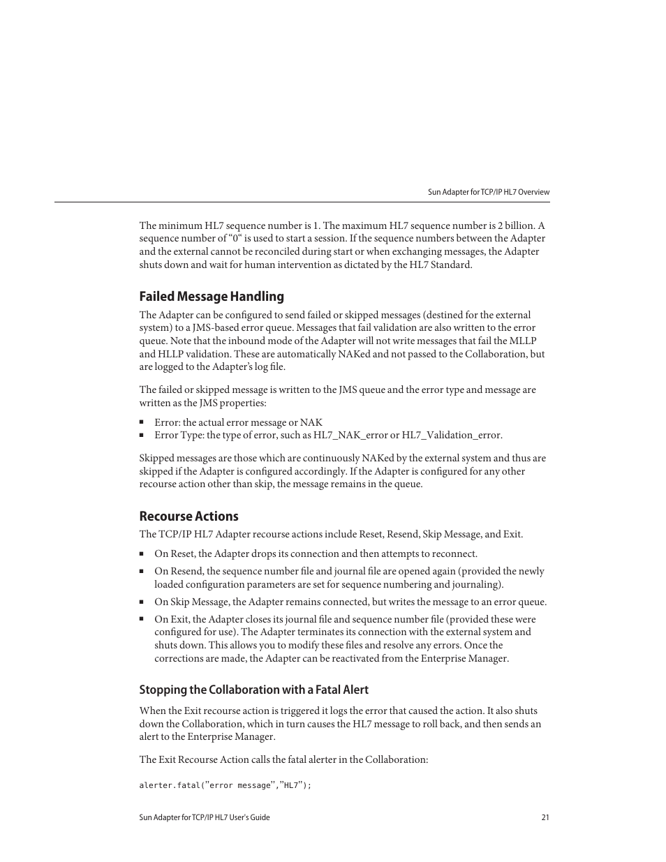 Failed message handling, Recourse actions, Stopping the collaboration with a fatal alert | Sun Microsystems Sun Adapter IP HL 7 User Manual | Page 21 / 150