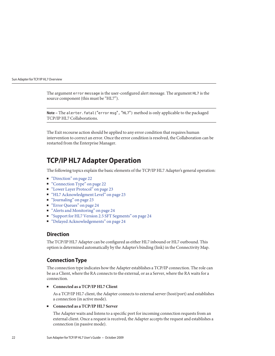 Tcp/ip hl7 adapter operation, Direction, Connection type | Sun Microsystems Sun Adapter IP HL 7 User Manual | Page 22 / 150